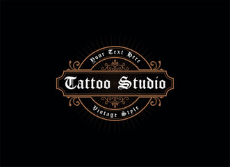 Fototapeta premium Vintage frame logo. Antique label. Suitable for tattoo studio, barber shop, whiskey label, wine, beer, brewing, salon, shop, signage.