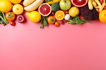 Naklejka na ściany i meble Vibrant Assortment of Fresh Vegetables and Fruits on Pink Background, Generative Ai
