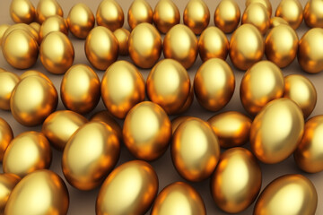 Easter golden egg. Traditional spring holidays in April or March. Sunday. Eggs and gold.