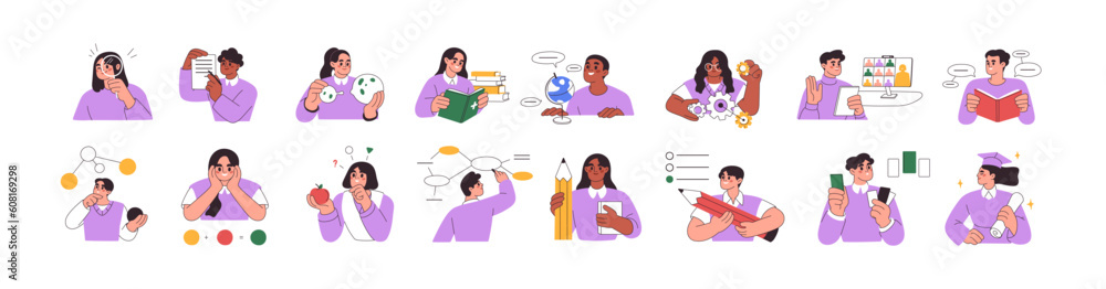 Poster Smart students studying, learning set. Education and knowledge concept. Learners characters reading books, thinking, solving schemes, writing. Flat vector illustrations isolated on white background