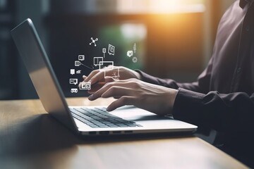 customer, buyer, Shopper using computer laptop to input order with trolley credit card delivery truck for online shopping and e-commerce technology, Generative AI