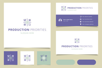 Production priorities logo design with editable slogan. Branding book and business card template.
