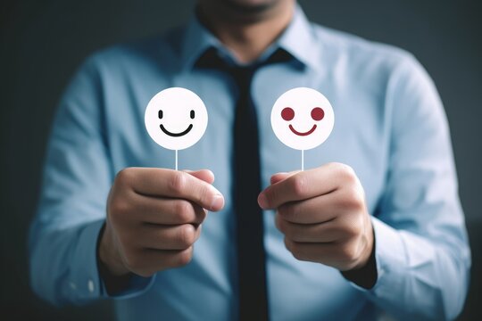 Mental health and emotional state concept, Businessmen choosing on the happy Smile face icon, positive mindset selection. Customer service and Satisfaction concept, review, feedback, best, Generative 