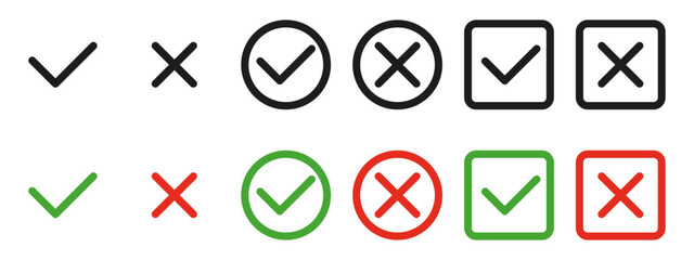 Checkmarks and crosses used as visual symbols for indicating completion or confirmation checkmarks or rejection or error crosses. Checkmarks, crosses, symbols.