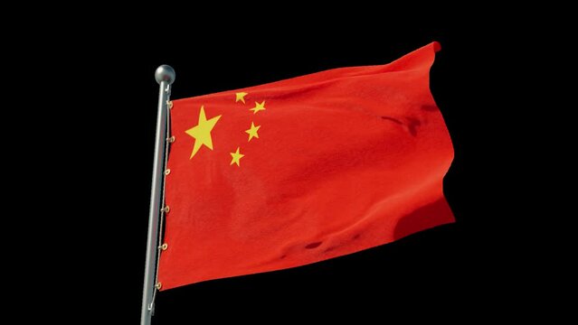 Flag of China, looped and seamless. Fabric texture, realistic wind, bottom view. Alpha Channel.