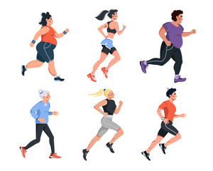 Fototapeta na wymiar Young running athletic women and men of diversity nationalities and physiques. A collection of running people. The concept of a healthy lifestyle. Vector flat set isolated on a white background