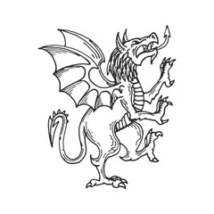 Heraldic Medieval dragon sketch, fantasy animal or mythic monster, vector heraldry symbol. Heraldic rampant dragon with wings and claws, Medieval fantasy creature beast for coat of arms or heraldry