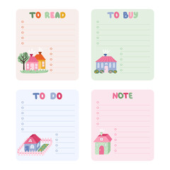 Cute scrapbook templates for planner. Notes, to do, to buy and other with colorful drawn clipart of cute little country house. With printable, editable illustrations. For school, university schedule.