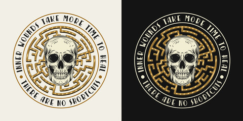 Label with human skull, labyrinth, text. Concept of mental health, wellness, expanded mind, psychic abilities. Mystical surreal illustration. For prints, clothing, t shirt, textile, surface design