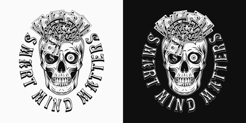 Obraz premium Label with skull, labyrinth, cash money,100 dollar bills, text. Skull without top like cup, bowl. Concept of making money and human resource value. For clothing, t shirt, surface design. Vintage style