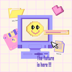 Naklejka premium Old pc groovy game 90s aesthetic. Pixel icons, diskette, joystick, dialog boxes. Set of vaporwave and retrowave style elements.