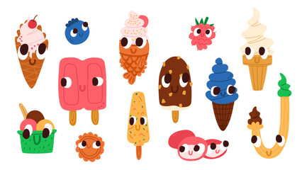 Set of funny various ice cream characters. Vector cartoon illustrations for kids products design. Soft serve, mochi ice cream, kulfi, J cone ice cream. 