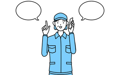 電話をしながら指さしをする帽子と作業着姿のシニア女性（経営者、管理職、上司）