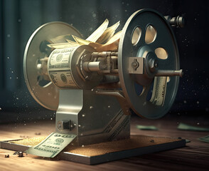 Fototapeta premium Metal machine with money bills on the table.