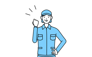 ガッツポーズをする帽子と作業着姿のシニア女性（経営者、管理職、上司）