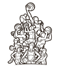 Basketball Female Players Mix Action Cartoon Sport Team Graphic Vector