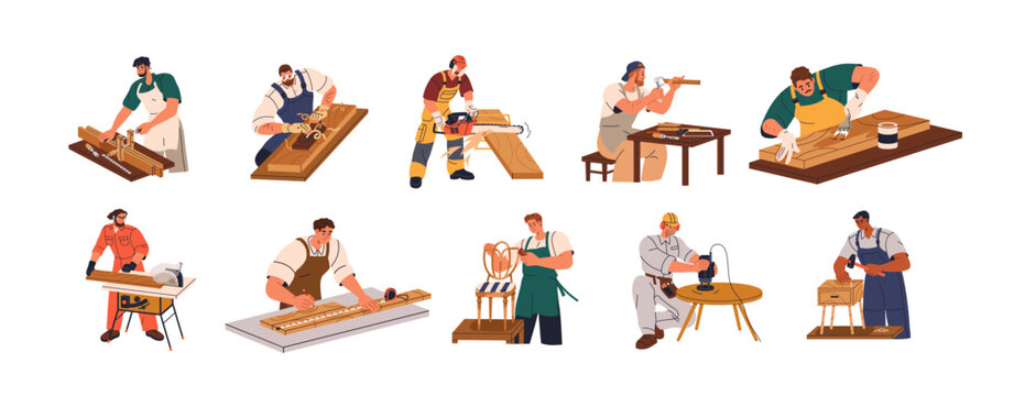 Woodwork, carpentry set. Carpenters, joiners work with wood, timber, carving, processing, sawing, making wooden furniture with tools. Flat graphic vector illustrations isolated on white background