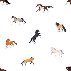 Horses, seamless pattern design. Stallion breeds, endless background. Steeds animals in action, motion, repeating print. Colored flat vector illustration for decoration, wallpaper, wrapping, textile
