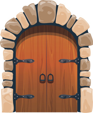 Cartoon medieval castle gate, wooden door, arch entrance. Medieval castle stone gate, European building wooden doorway or ancient palace vector entrance. Historical house wooden door isolated asset