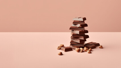 Pieces of chocolate on solid background, Generative AI, cinematic shot for chocolate day