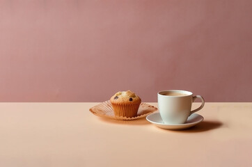 Muffins and a cup of coffee on a solid background, Generative AI