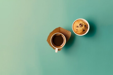Muffins and a cup of coffee on a solid background, Generative AI