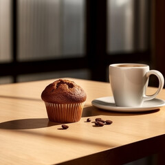 Muffins and a cup of coffee on a wooden table, Generative AI