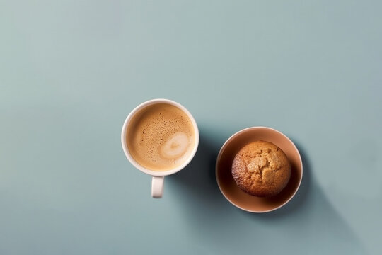 Muffins and a cup of coffee on a solid background, Generative AI