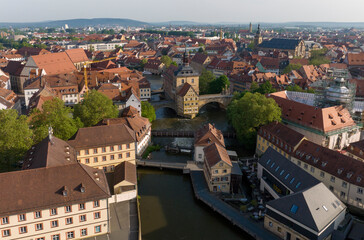 Fototapeta na wymiar aerial view of the old town of bamberg with the historic town hall on the regnitz