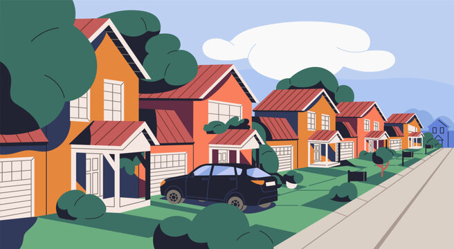 Suburban residential houses, garages at town outskirts. Home buildings architecture, car, lawn grass in suburbia. Dwelling property, real estate at suburbs, perspective view. Flat vector illustration