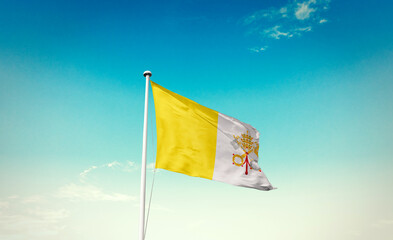 Waving Flag of Vatican City in Blue Sky. The symbol of the state on wavy cotton fabric.