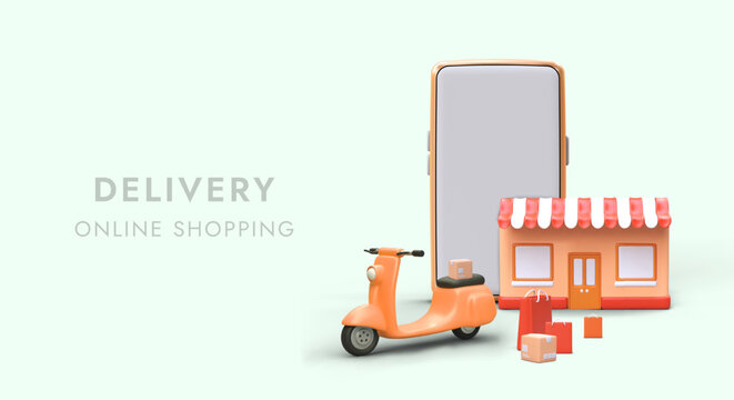 Fast delivery by maneuvering vehicle. Courier services on moto scooter. Online shopping with delivery. Phone application of your favorite store. Trendy advertising template with 3D figures