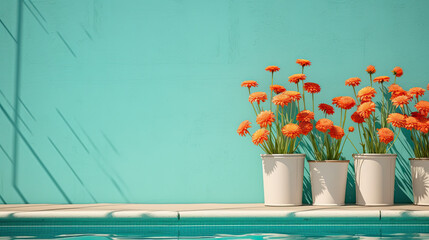 Summer Light blue wall with flowers in a white vase on a table created with generative AI technology © Lorne Thomson