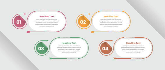 Professional modern four step business process presentation infographic template with abstract arrow shape and number