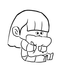 Obraz premium Illustration of a young girl sitting and hugging a pillow on a white background.