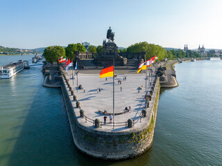 Deutsches Eck or German Corner headland in Koblenz, where the Mosel river joins the Rhine. Aerial...