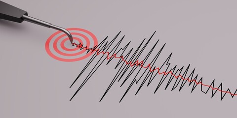 Seismograph with blank paper in action and earthquake and signal symbol location- 3D Rendering