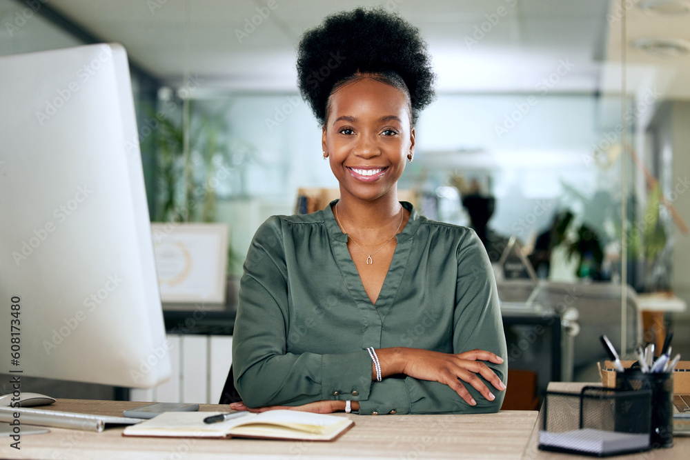 Sticker Portrait of confident black woman at desk with smile, computer and African entrepreneur with pride. Happy face of businesswoman in office, small business startup and receptionist at management agency