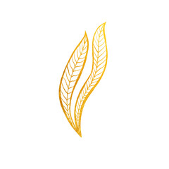 Hand-drawn golden branch with leaves, shiny, sparkling leaf of an abstract plant