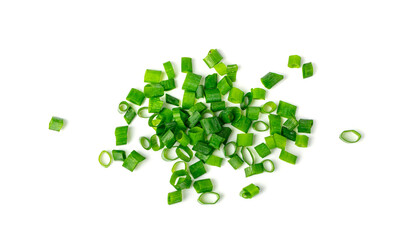 Green Onion Cuts Isolated, Scattered Fresh Chive Pile, Chopped Green Leek, Scallion Greens Pieces Chopped - obrazy, fototapety, plakaty