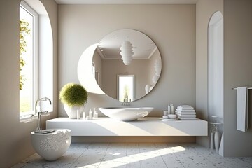 modern bathroom with round white sink and minimalist design, created with generative ai