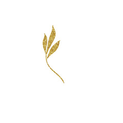 Hand-drawn golden branch with leaves, shiny, sparkling leaf of an abstract plant