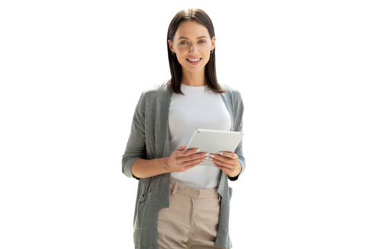 Handsome business woman using his tablet standing on a transparent background