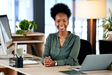 Portrait of happy black woman at desk with computer, smile and African entrepreneur with pride and tech. Confident businesswoman in office, small business startup and ceo at online management agency. - obrazy, fototapety, plakaty