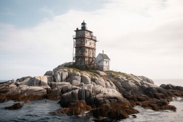 Fototapeta na wymiar an abandoned lighthouse, perched on the rocky shore of a desolate island, created with generative ai