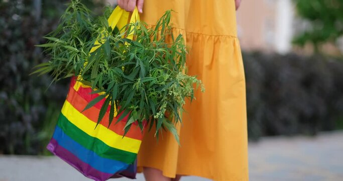 Bright looking female in red t-shirt and yellow skirt with LGBT colors bag full of canabis . High quality 4k footage
