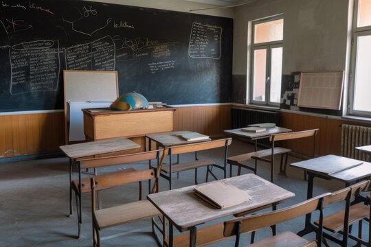 classroom with blackboard and chalk, ready for lessons to be written, created with generative ai