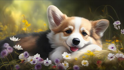 Corgi dog smile and happy in meadow flowers in spring. Generative AI