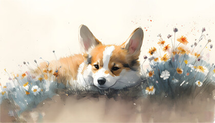 Corgi dog smile and happy in meadow flowers in spring. Generative AI
