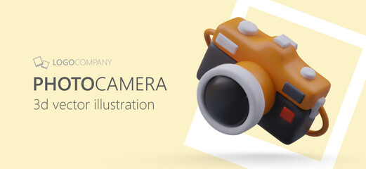 Poster with cartoon realistic 3d photo camera. Advertising poster, landing page with place for text for photographic equipment selling company. Vector illustration in cartoon style